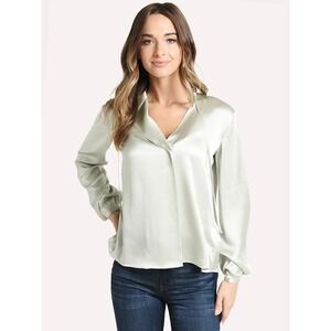 Vince Satin Split Back Top Small Green Silk Tie Top Popover Elegant Minimalist